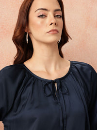 all about you Tie-Up Neck Puff Sleeves Gathered Detail Satin-Finish Top