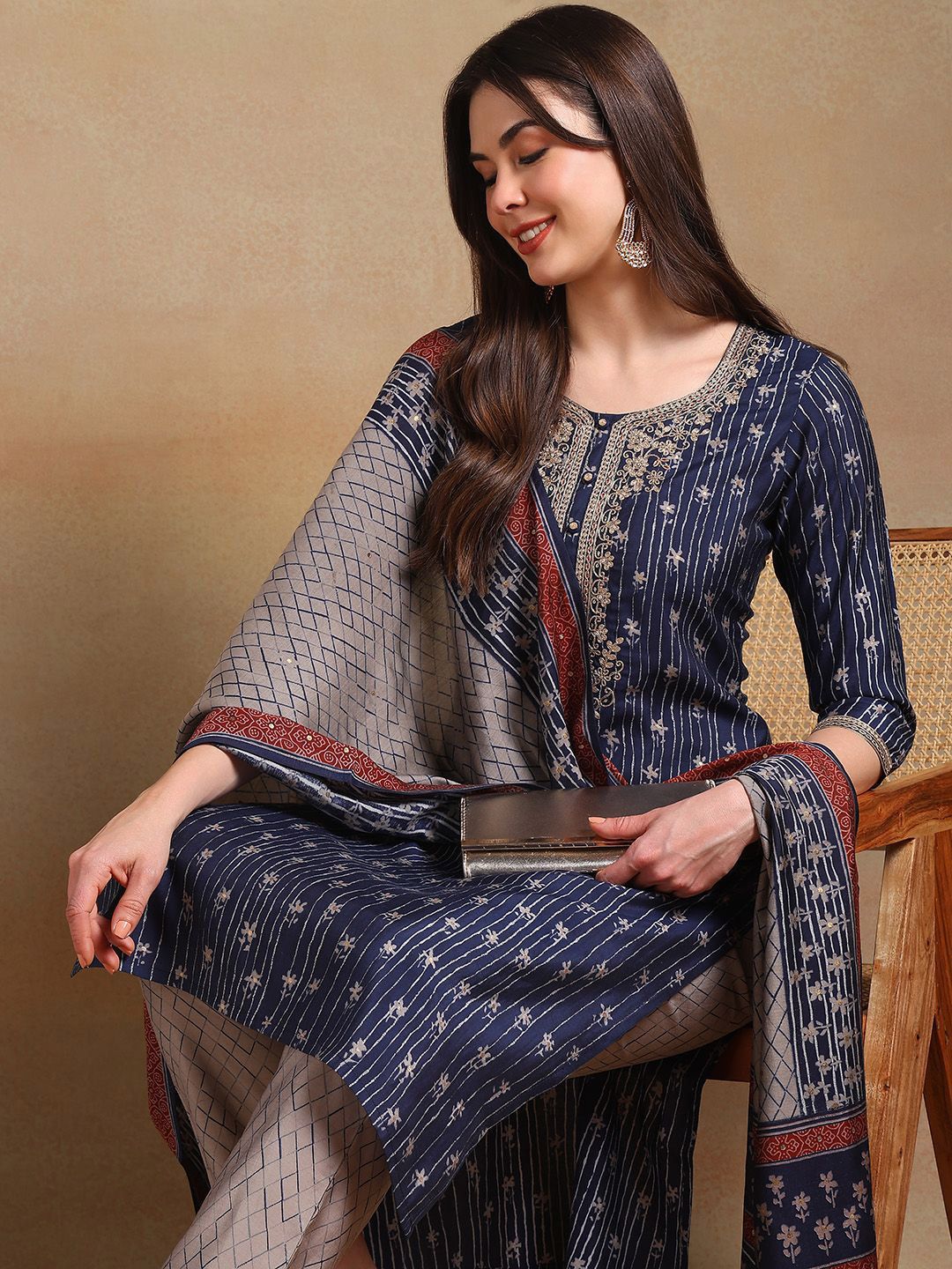 KALINI Floral Embroidered Zari Straight Silk Blend Kurta With Trousers & Dupatta