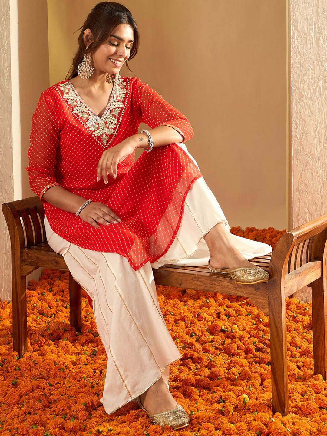 Indo Era Leheriya Printed Gotta Patti Straight Kurta