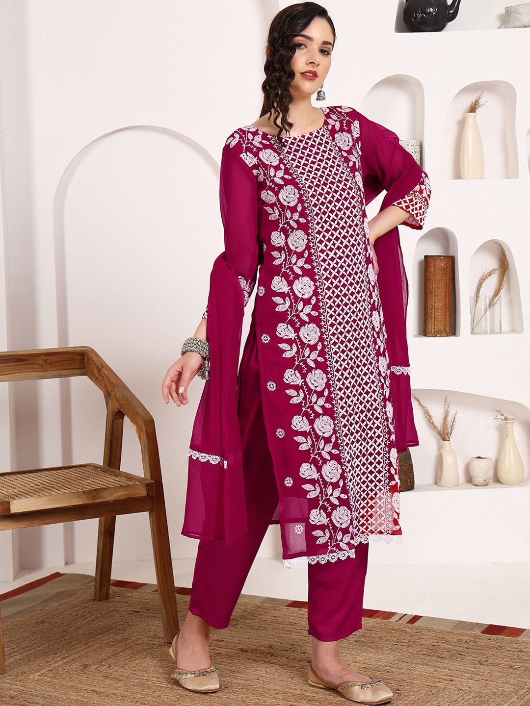 KALINI Floral Embroidered Chikankari Georgette Straight Kurta With Trousers & Dupatta