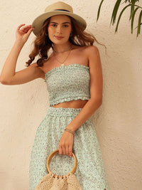 STREET 9 Floral Printed Strapless Smocked Crop Top And Skirt Co-Ords