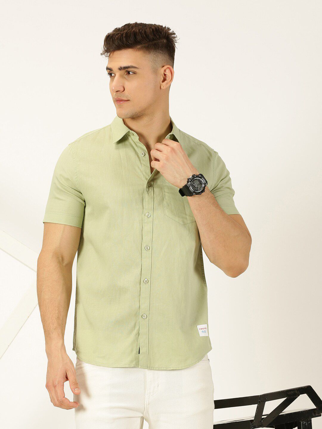 Thomas Scott Classic Cotton Linen Slim Fit Short Sleeves Casual Shirt
