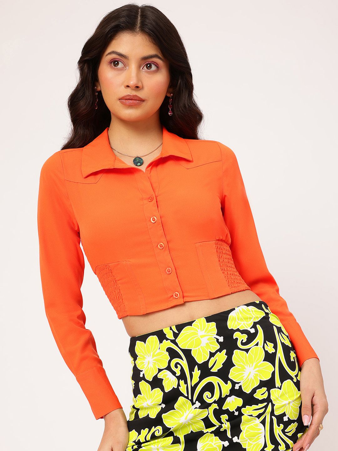 DressBerry Nomadic Smocked Back Shirt Style Crop Top