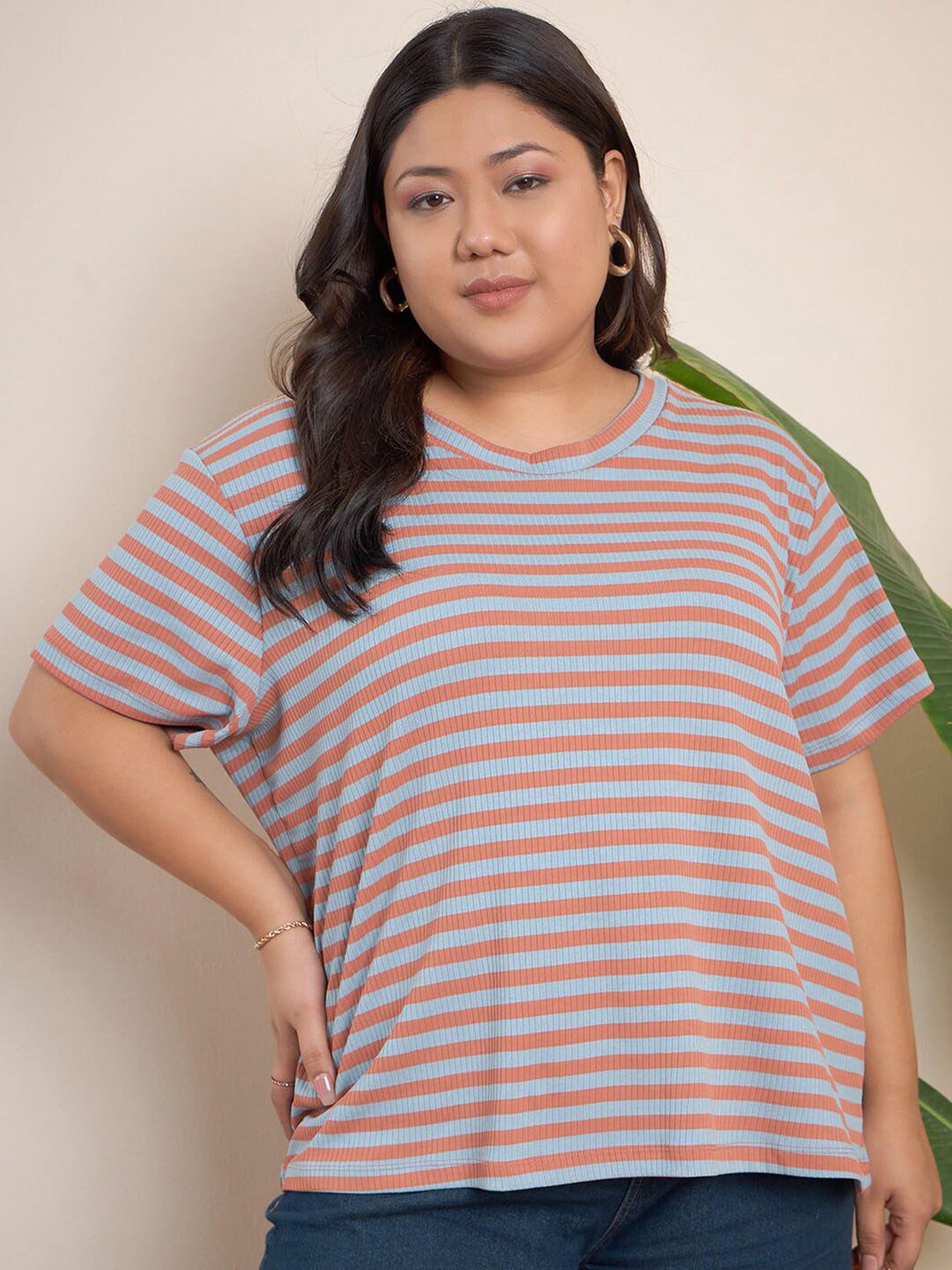 CURVY STREET Plus Size Atasan Biasa Berjalur