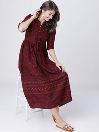 Vishudh Women Burgundy Printed Maxi Dress