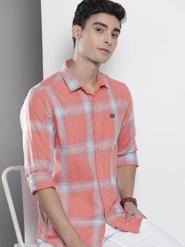 The Indian Garage Co Men Coral Pink & Blue Checked Pure Cotton Casual Shirt