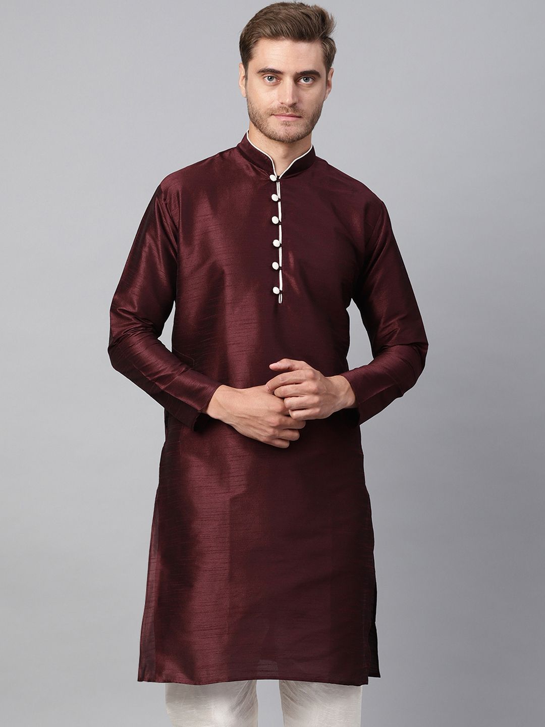 SOJANYA Men Burgundy Solid Straight Kurta