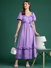 DressBerry Puff Sleeve Ruffled Satin Maxi Dress