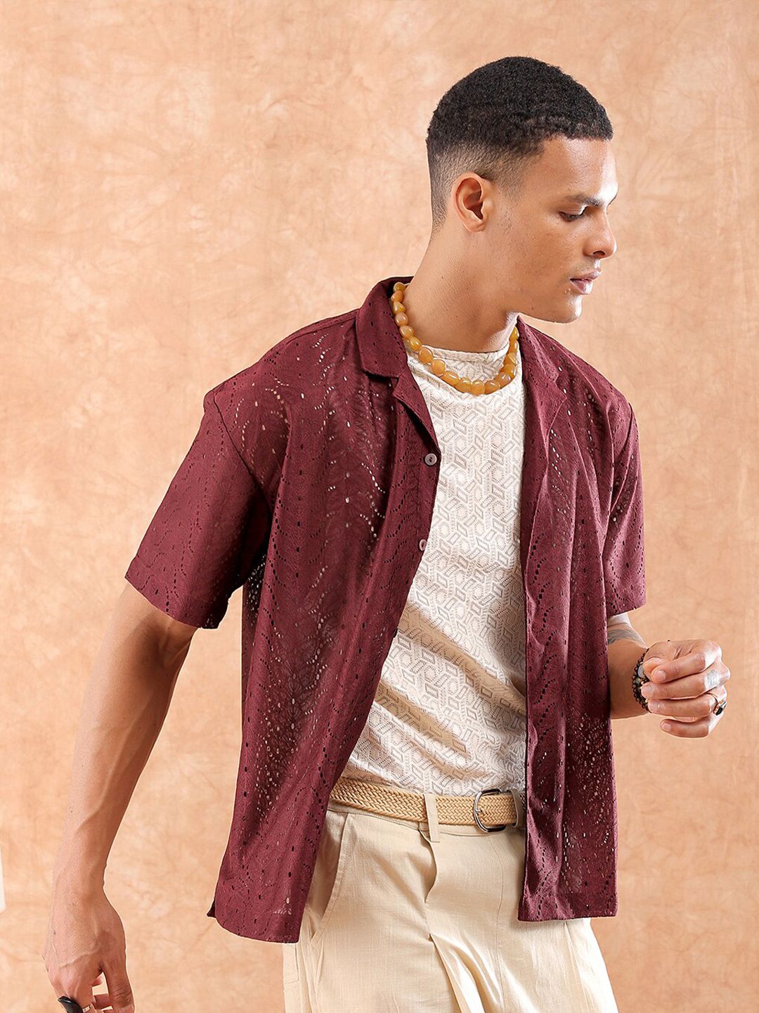 The Indian Garage Co Men Relaxed Fit Solid Warp Knit Lace Resortwear Shirt
