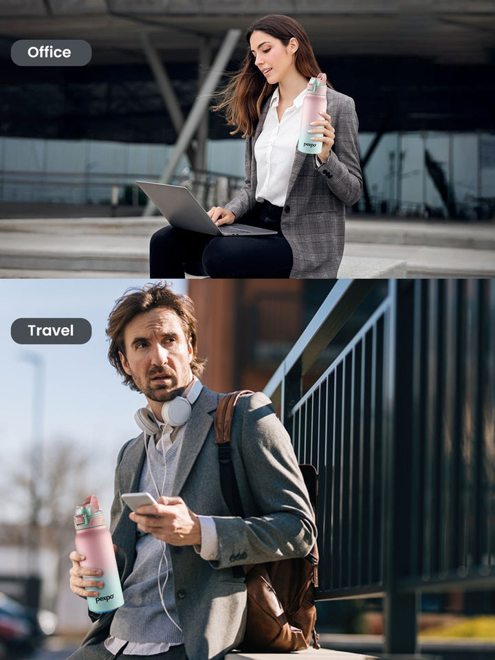 Pexpo Pink & Green Colourblocked Stainless Steel Double Wall Vacuum Water Bottle-740 ml