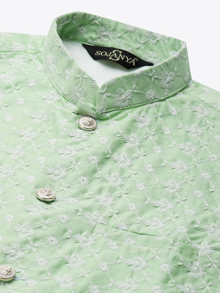 SOJANYA Men Olive Ethnic Motifs Embroidered Thread Work Kurta with Churidar