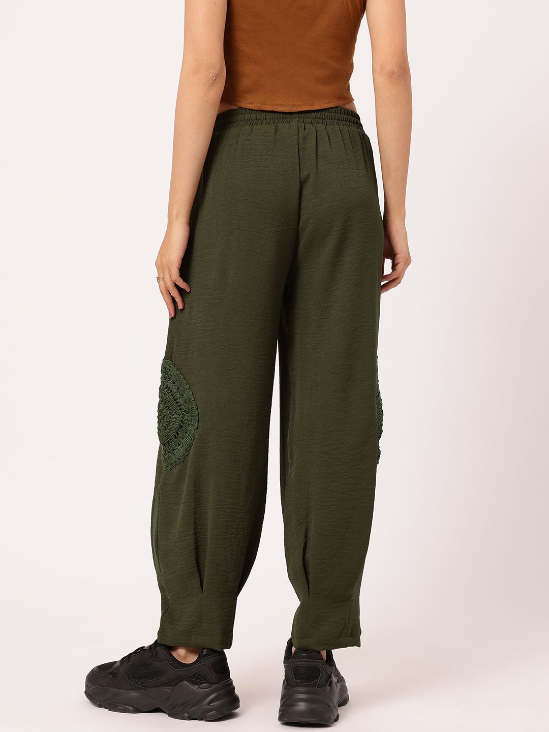 DressBerry Women Hippie Chic Crochet Patchwork Crinkled Cropped Trousers