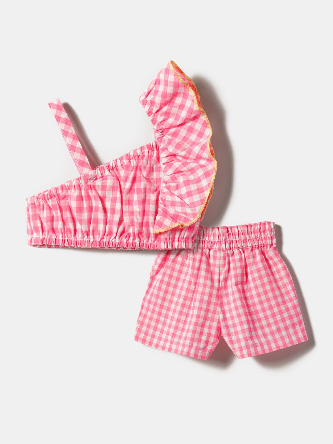 Nauti Nati Girls Checked One Shoulder Ruffled Pure Cotton Crop Top With Shorts