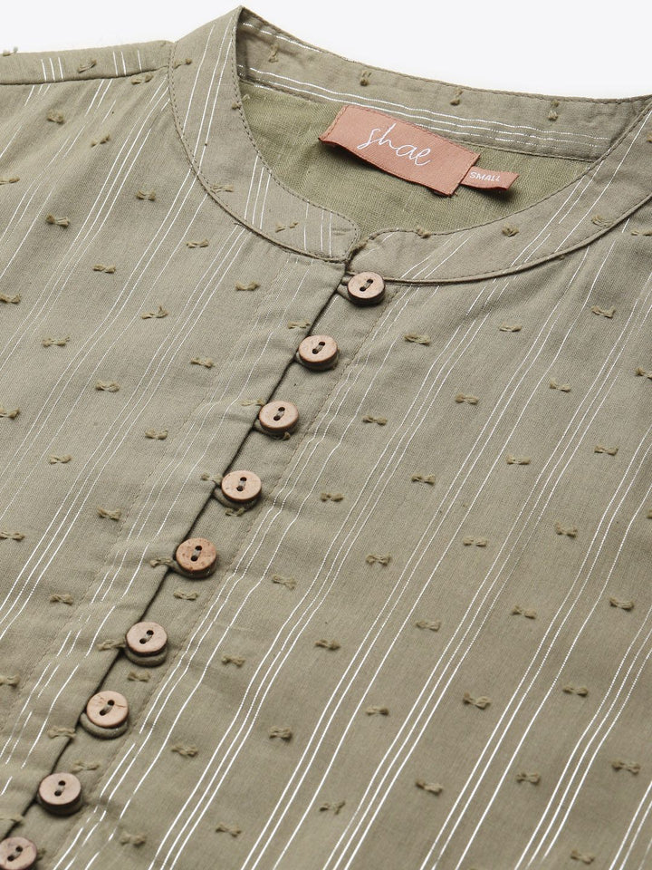 Shae by SASSAFRAS Women Olive Green Pure Cotton Dobby Woven Design A-Line Top