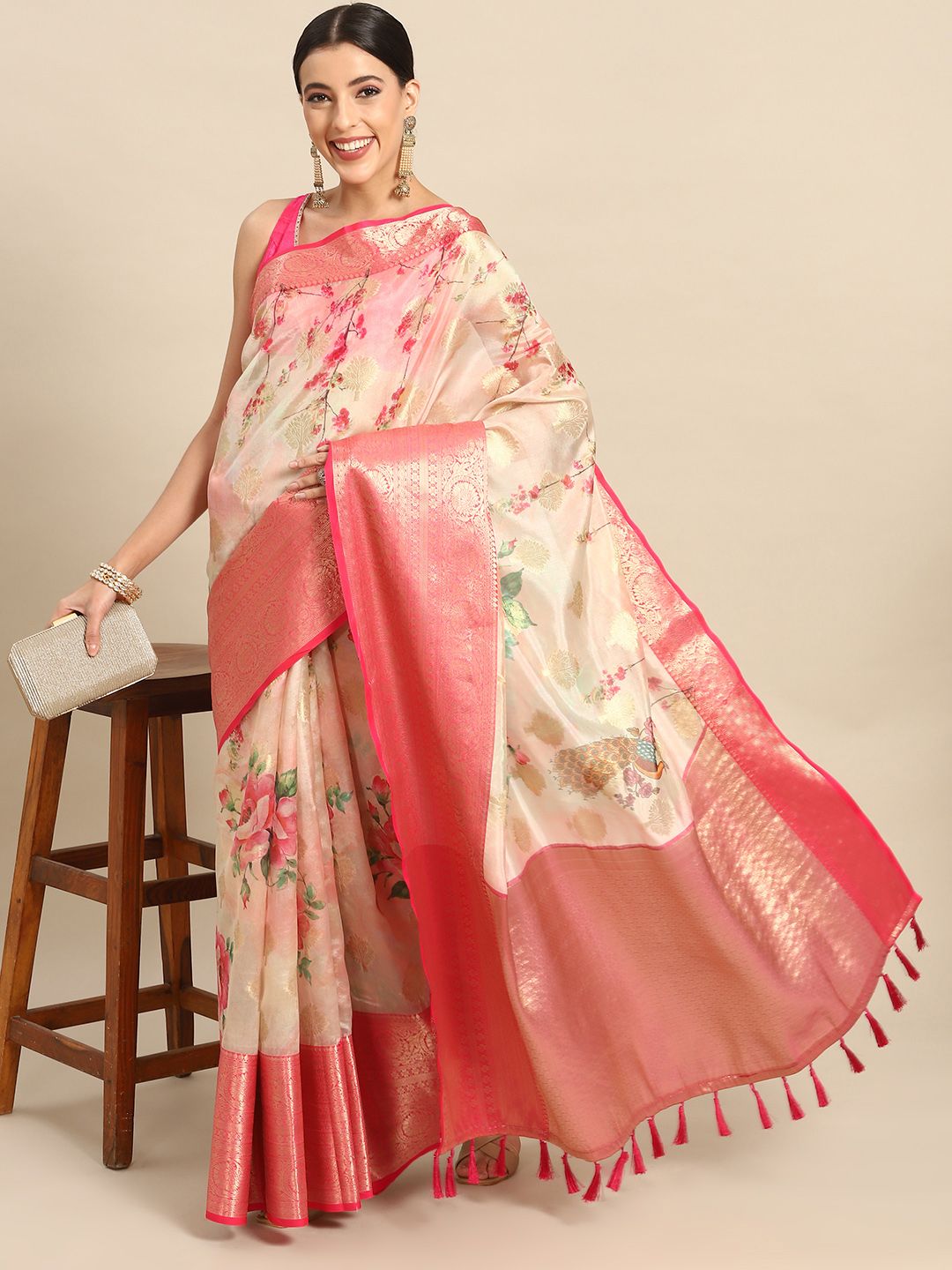 Silk Land Woven Kalamkari Art Silk Chanderi Digital Print Saree