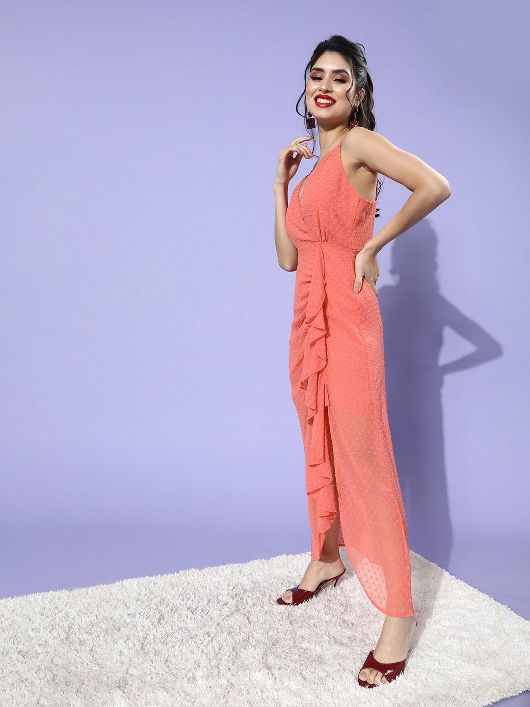 Berrylush Women Attractive Peach Self-Design Dobby Weave Dress