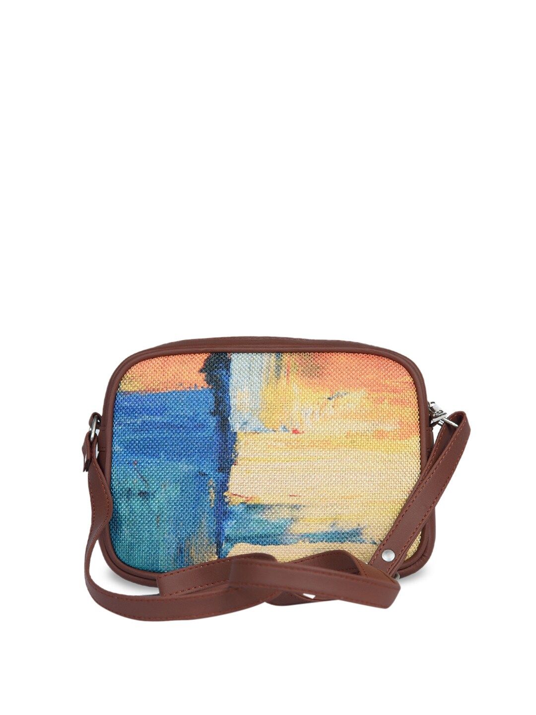 ZOUK Women Blue & Yellow Abstract Print Vegan Handcrafted Leather Sustainable Sling Bag