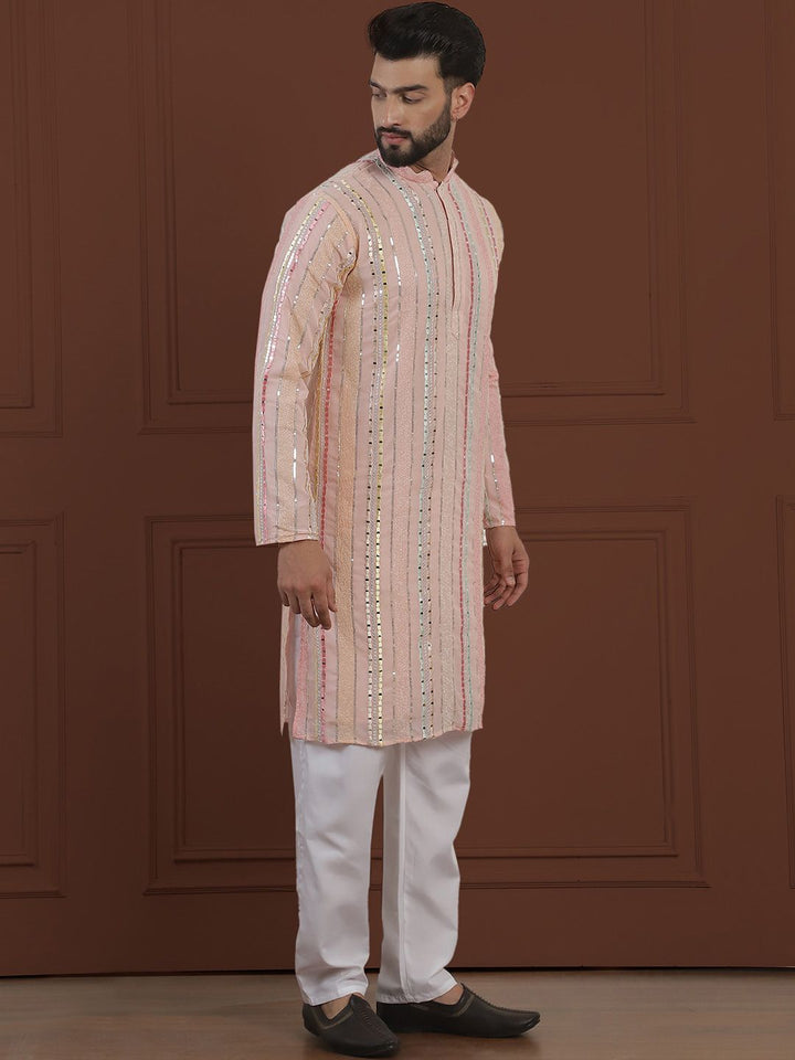 SOJANYA LUXE  Striped Embroidered Mirror Work Straight Kurta With Pyjama