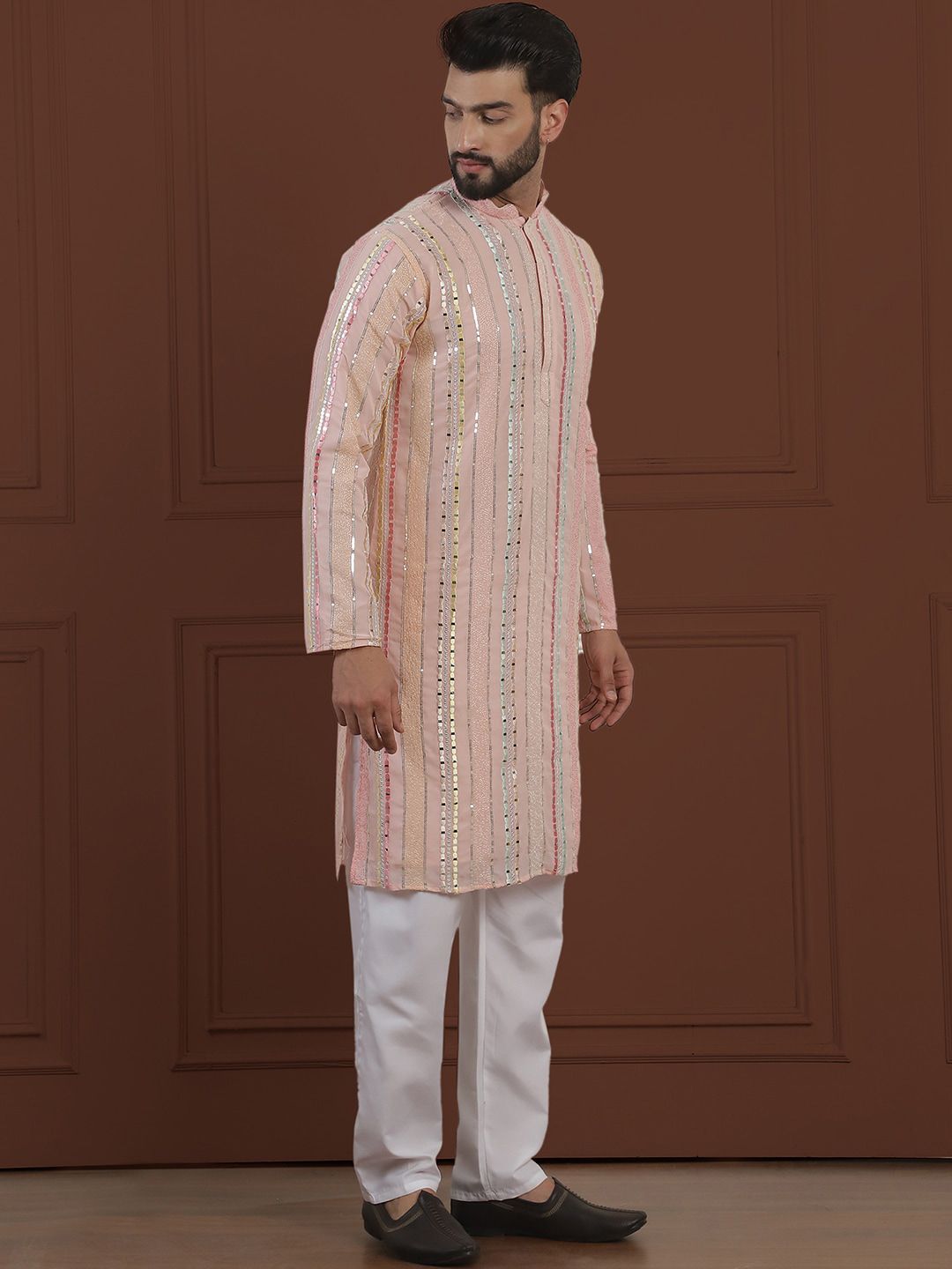 SOJANYA LUXE  Striped Embroidered Mirror Work Straight Kurta With Pyjama