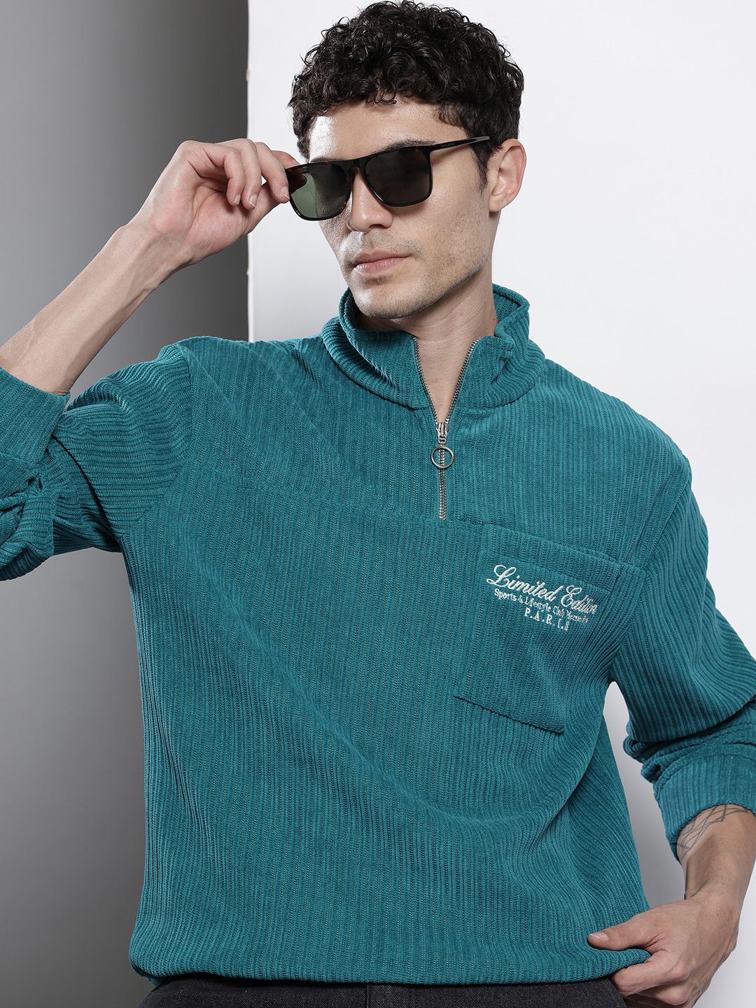 The Indian Garage Co Self Striped Typography Printed Corduroy Relaxed Fit Sweatshirt