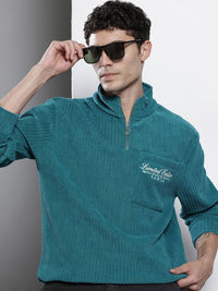 The Indian Garage Co Self Striped Typography Printed Corduroy Relaxed Fit Sweatshirt