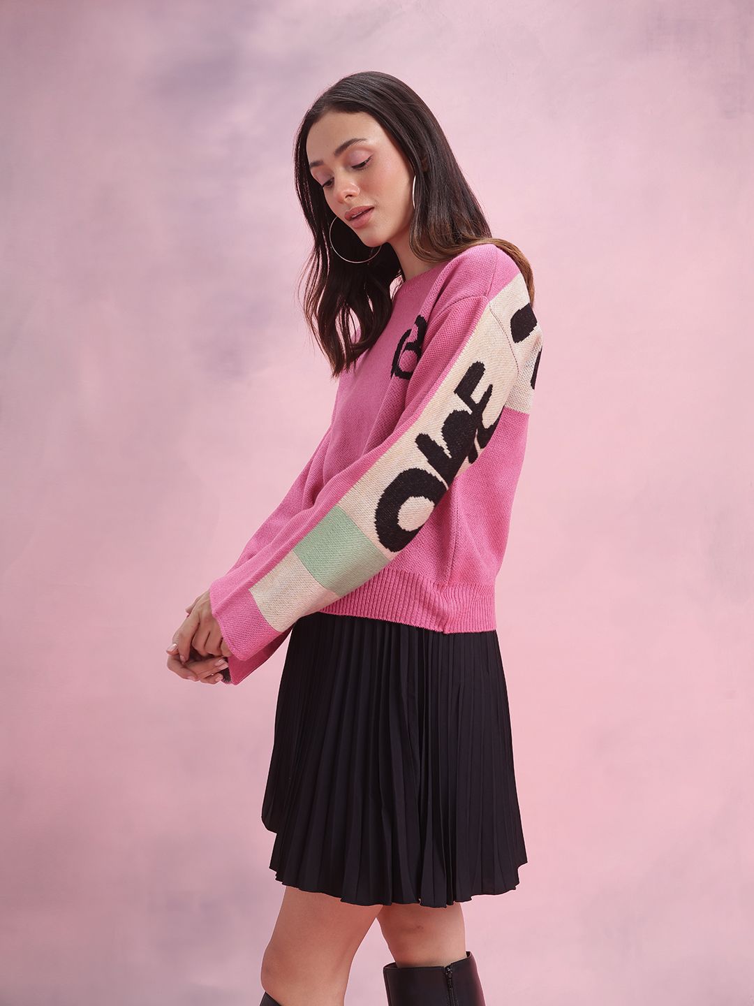 DressBerry Typography Colourblocked Flared Sleeve Pullover