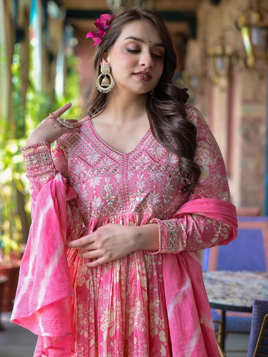 Varanga Floral Printed Mirror Work Anarkali Kurta With Sharara & Dupatta
