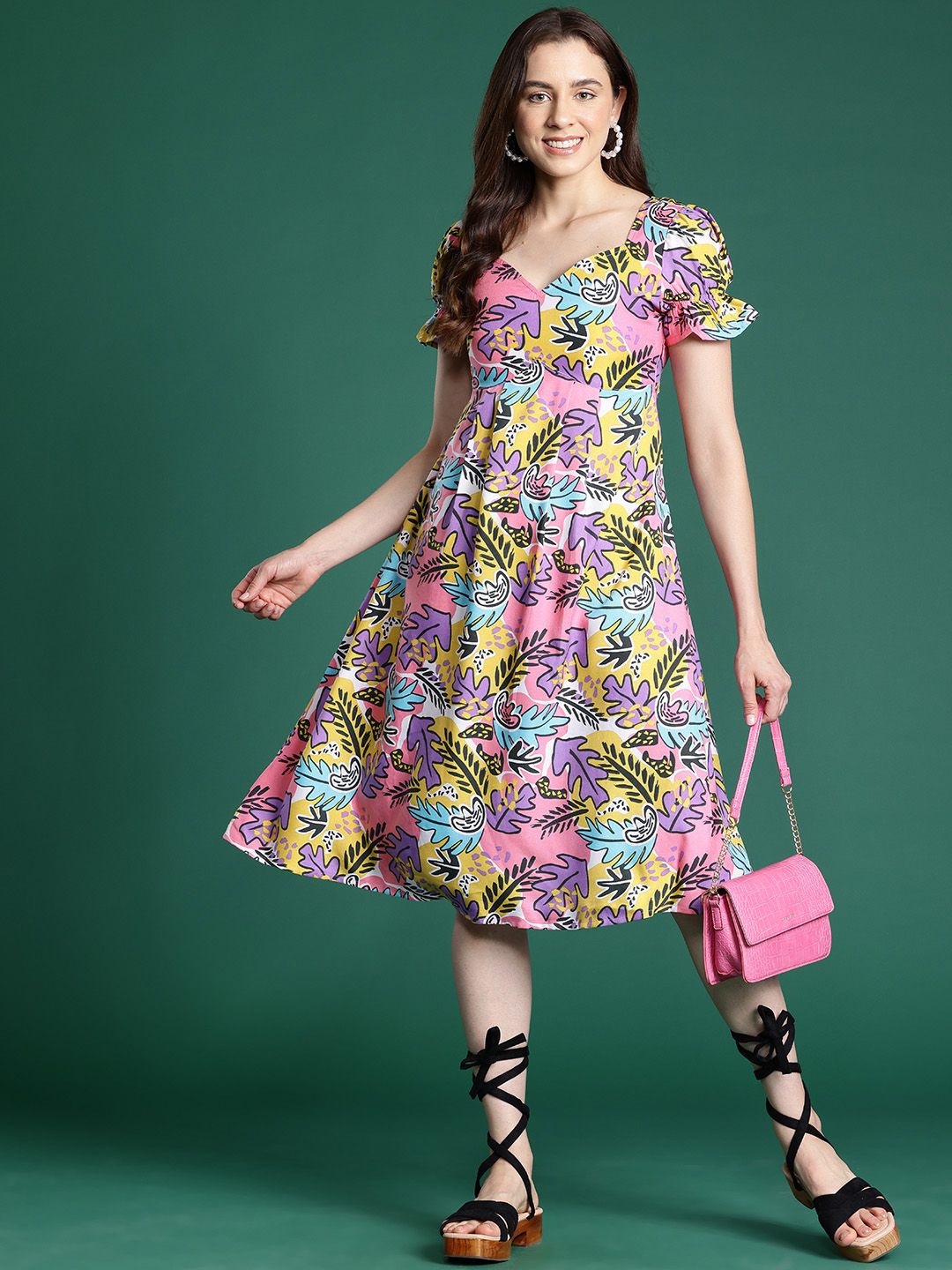 DressBerry Printed Puff Sleeves Fit & Flare Midi Dress