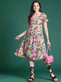DressBerry Printed Puff Sleeves Fit & Flare Midi Dress