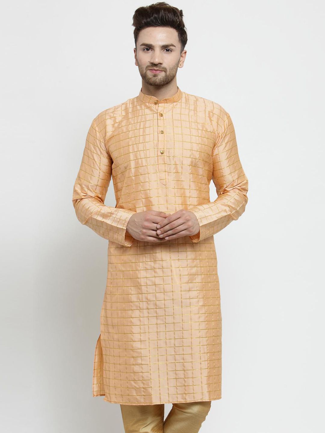 SOJANYA Kurta Lurus Berpetak Berwarna Emas Lelaki
