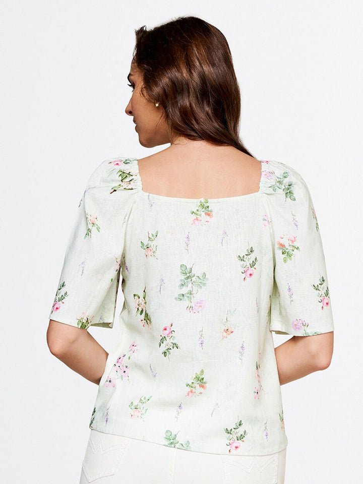 AND Green Floral Printed Round Neck Linen Top