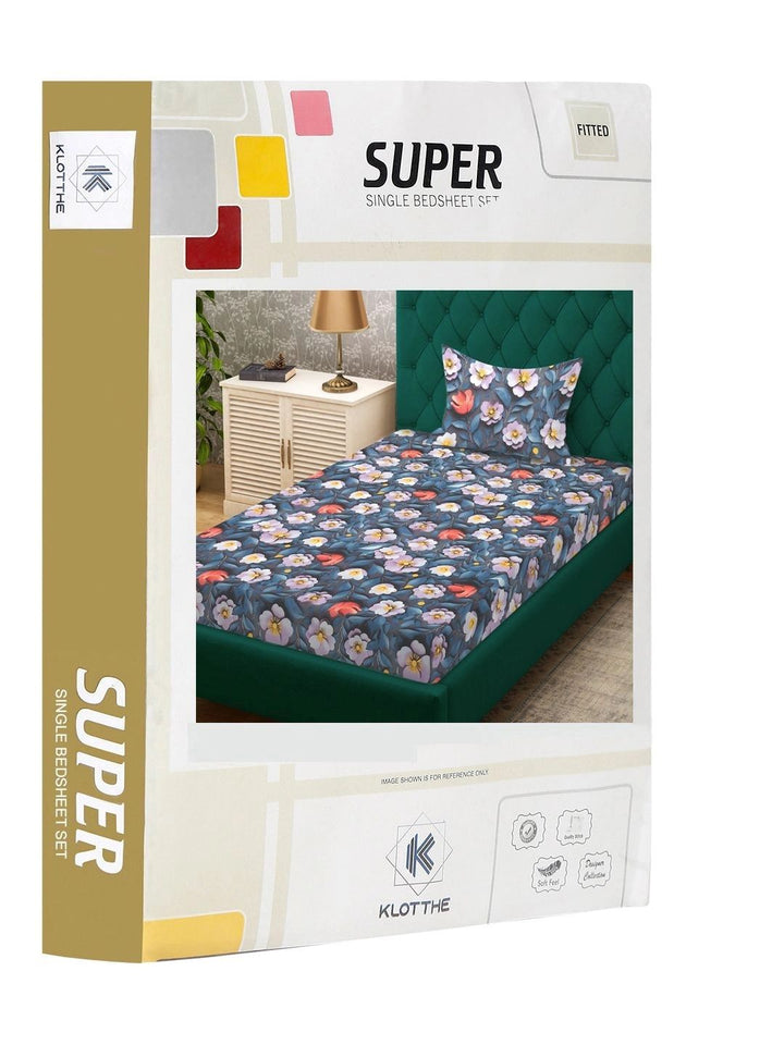 Moda Rapido X KLOTTHE Blue & Red Floral 400 TC Single Bedsheet with 1 Pillow Covers