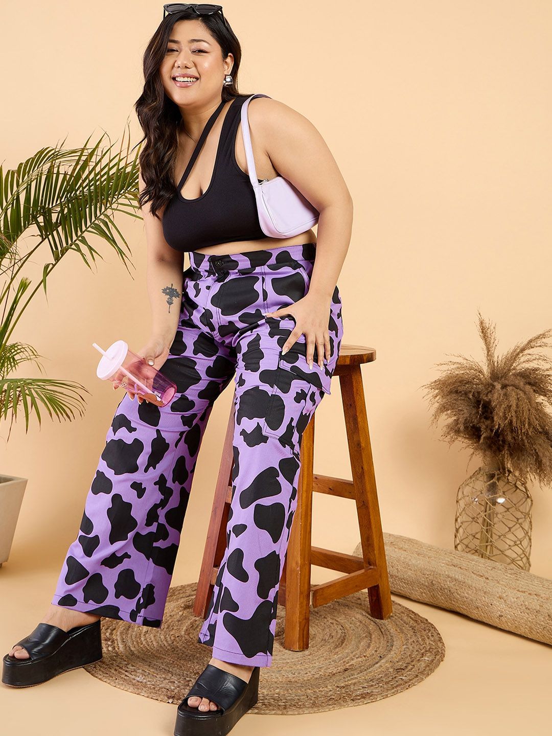 CURVY STREET Women Plus Size Abstract Printed Loose Fit Pure Cotton Cargos Trouser