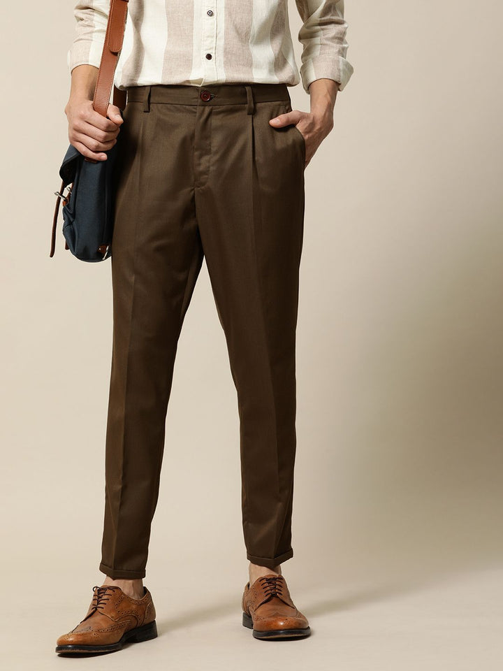 Mr Bowerbird Men Coffee Brown Tailored Fit Pleated Trousers