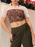 DressBerry Chic-Contrast Printed Shirt Style Net Detail Crop Top