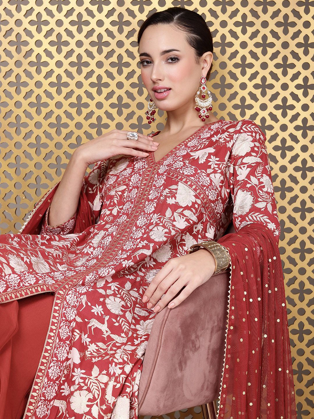 House of Pataudi Jashn Ethnic Motifs Foil Printed A-Line Kurta With Palazzos & Dupatta
