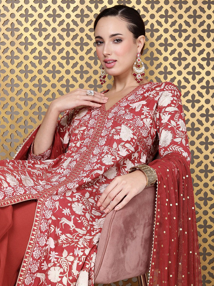 House of Pataudi Jashn Ethnic Motifs Foil Printed A-Line Kurta With Palazzos & Dupatta