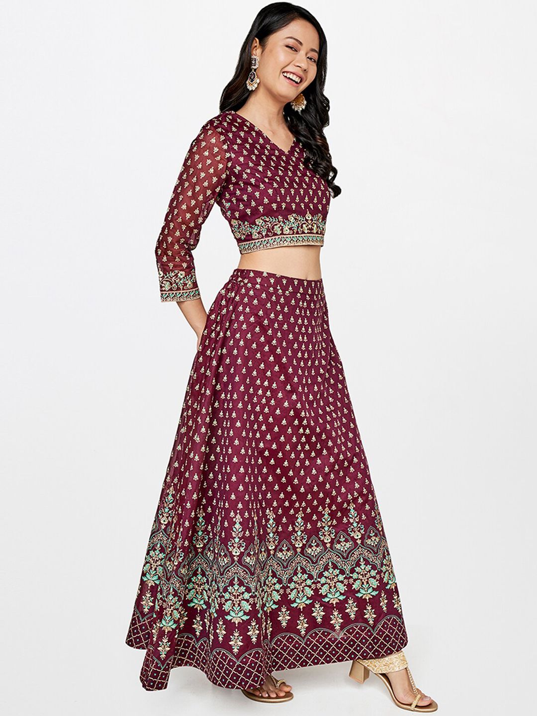 Global Desi Women Maroon Printed Straight Skirts
