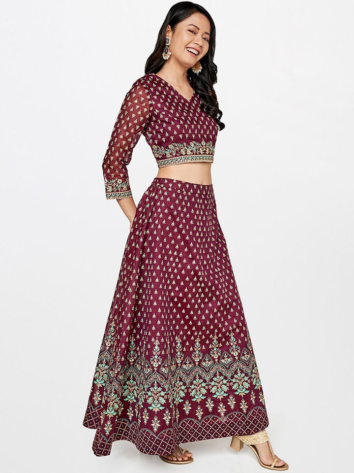 Global Desi Women Maroon Printed Straight Skirts