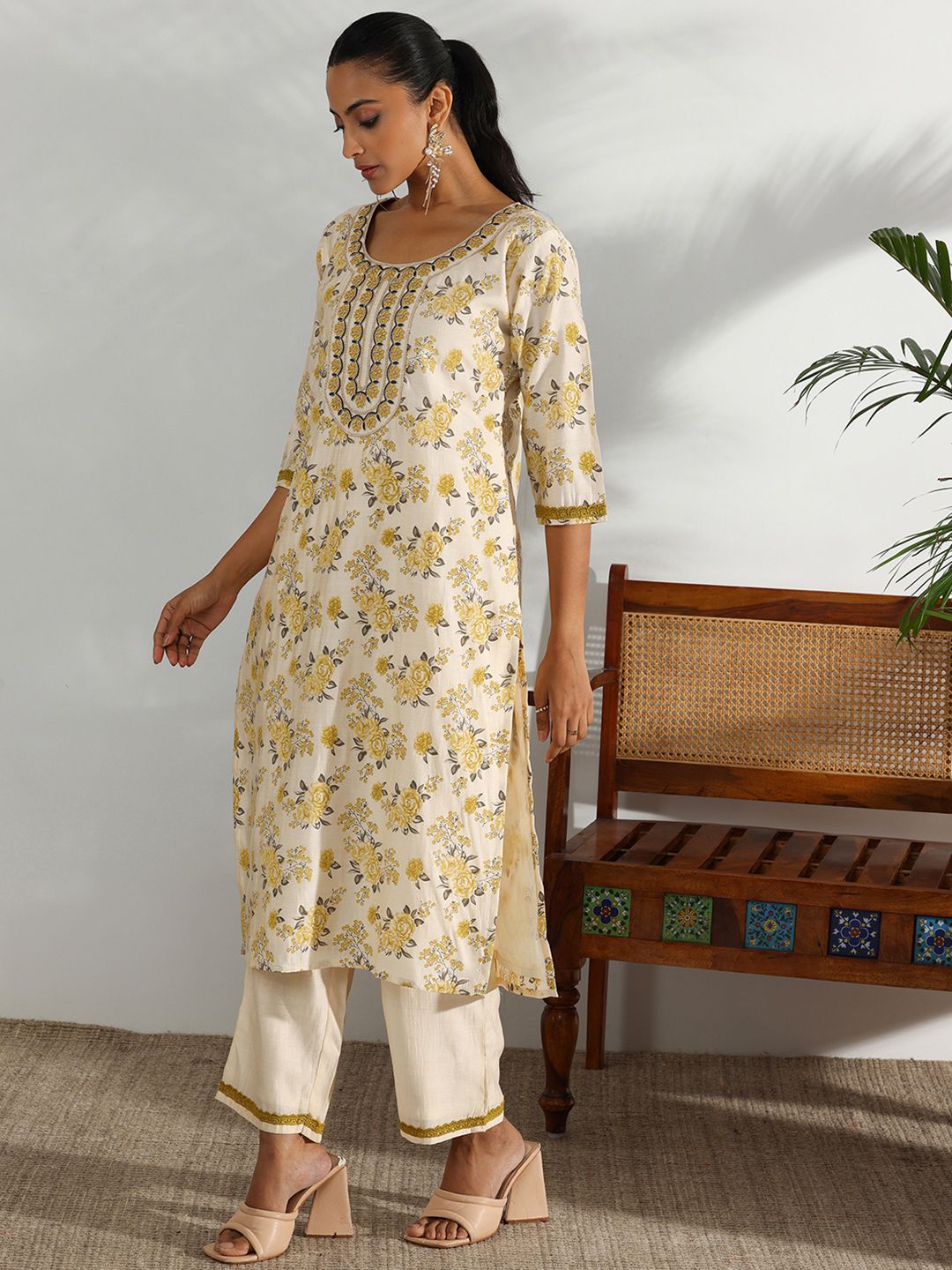 Libas Floral Printed Regular Chanderi Silk Kurta with Trousers