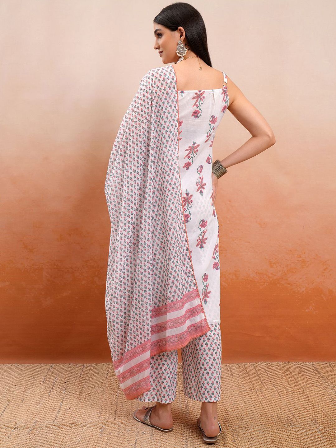 Vishudh White Printed Shoulder Straps Pure Cotton Straight Kurta With Palazzos & Dupatta