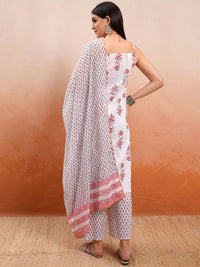 Vishudh White Printed Shoulder Straps Pure Cotton Straight Kurta With Palazzos & Dupatta