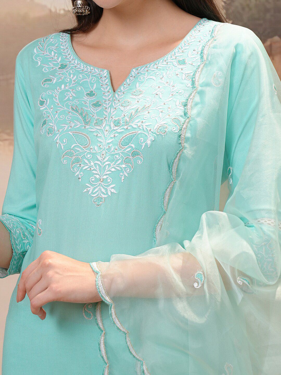 Vishudh Turquoise Blue Floral Embroidered Regular Thread Work Kurta with Trouser & Dupatta