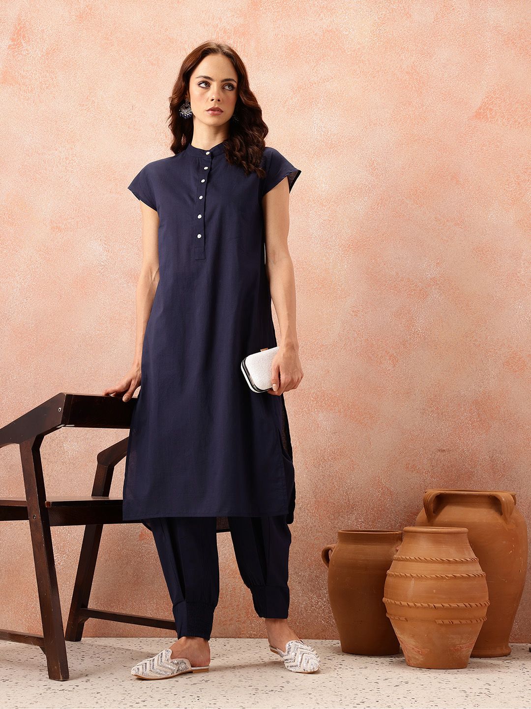 all about you Pathani Style Pure Cotton Extended Sleeve Kurta with Smock Cuffed Salwar
