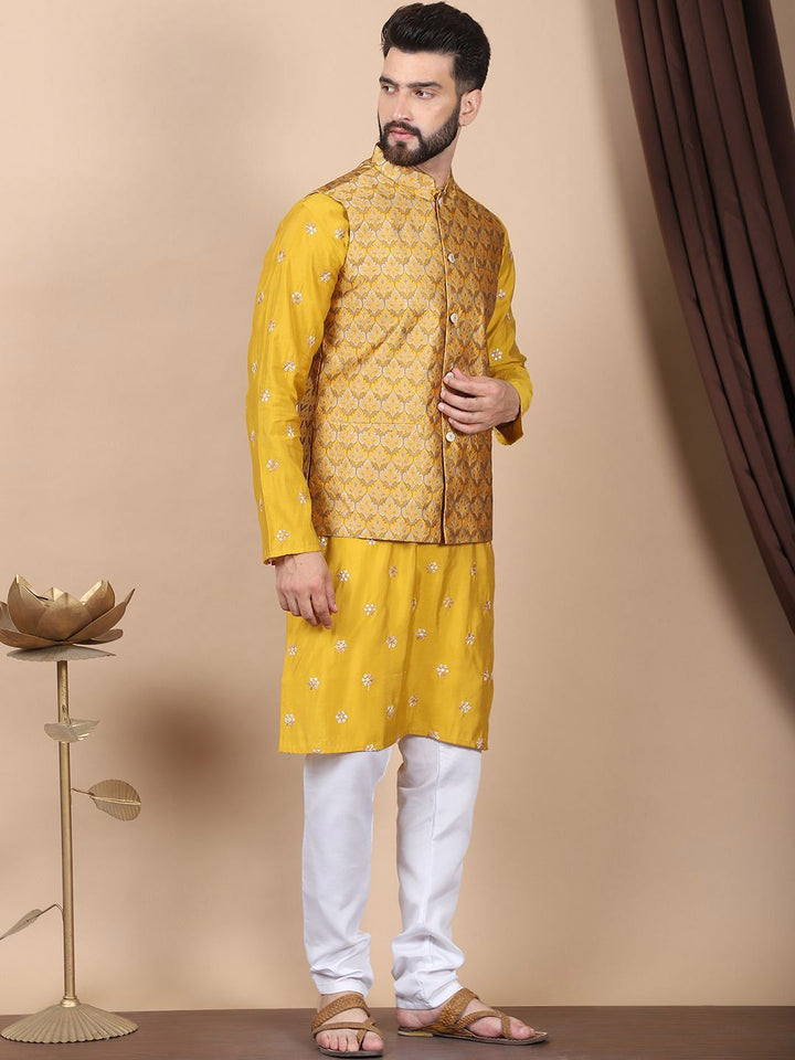 Anouk Mustard-Yellow Floral Embroidered Cotton Silk Kurta with Churidar & Nehru Jacket
