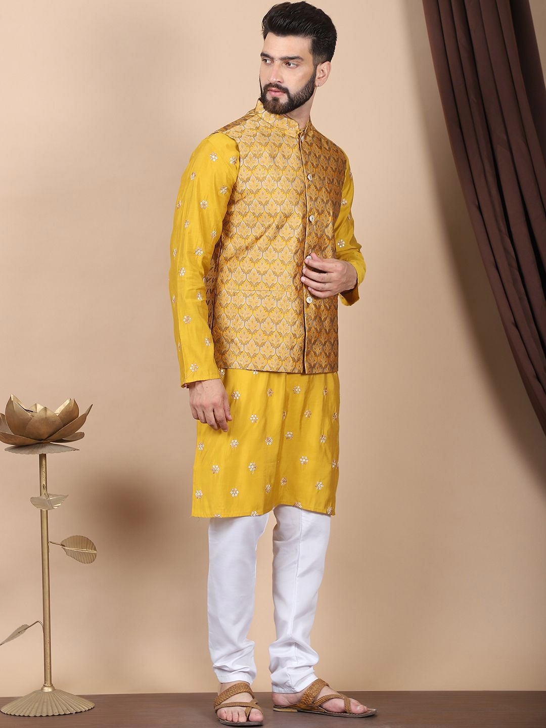 Anouk Mustard-Yellow Floral Embroidered Cotton Silk Kurta with Churidar & Nehru Jacket