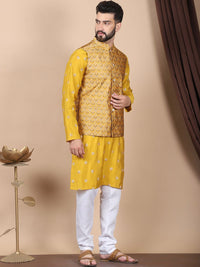 Anouk Mustard-Yellow Floral Embroidered Cotton Silk Kurta with Churidar & Nehru Jacket