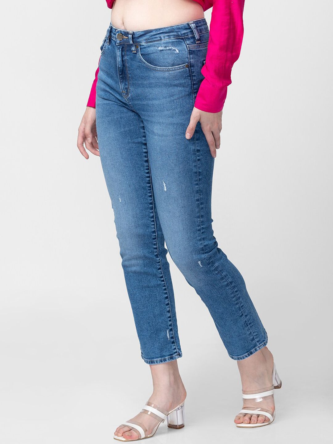SPYKAR Women Light Blue Straight Fit Mildly Distressed Cotton Light Fade Jeans