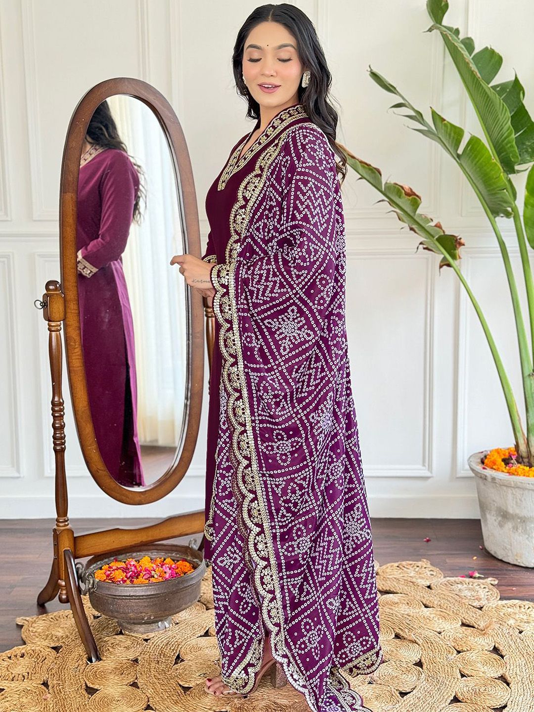 KALINI V-Neck Yoke Design Sequinned Straight Kurta with Trouser & Dupatta
