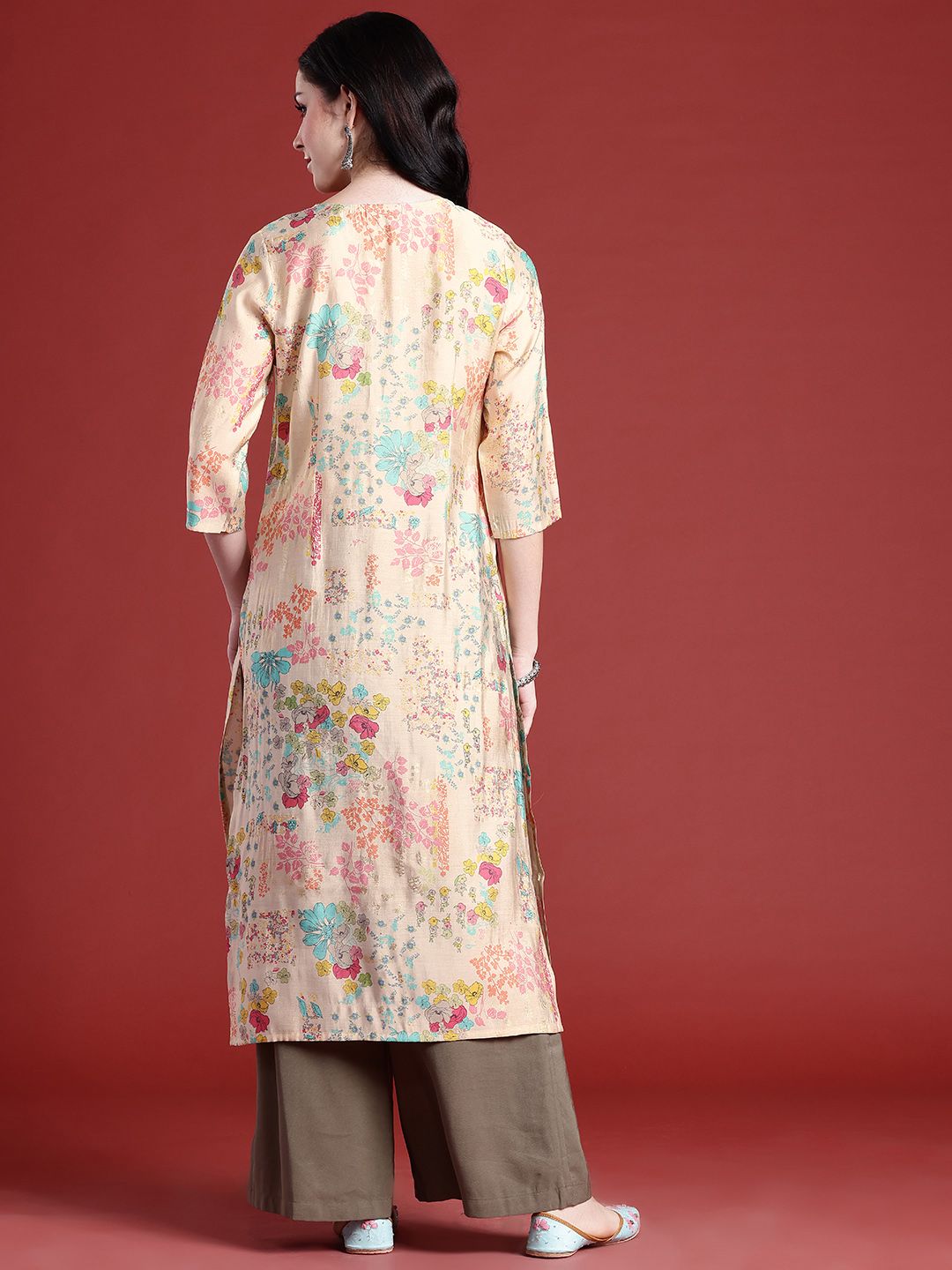 Anouk Floral Printed Lace Insert Detail Straight Kurta